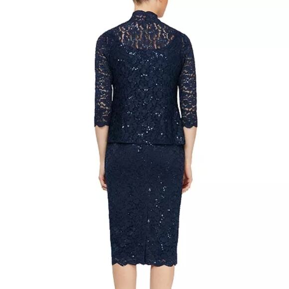 SLNY Jacket Dress 2 Piece Sheath Navy Blue Stretch Lace Women’s Plus Size 14 - Picture 2 of 15